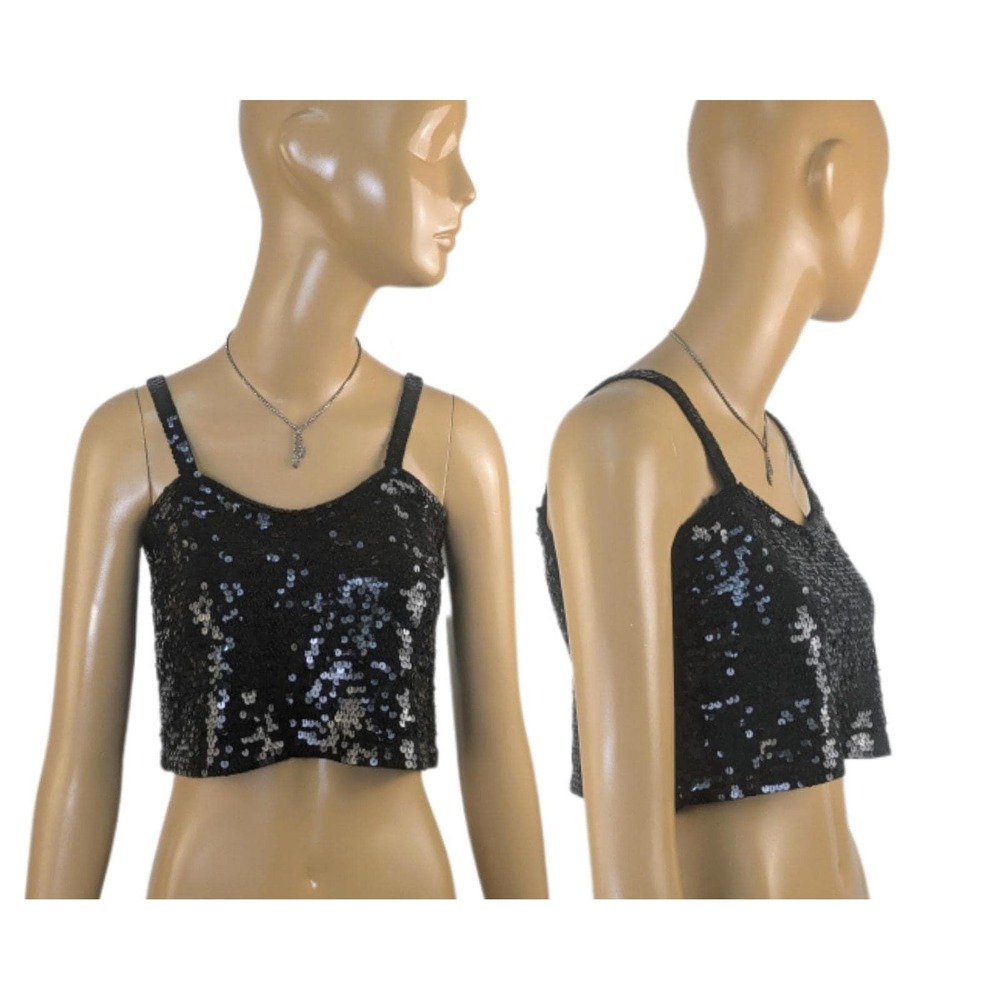 Vintage 90s‎ black sequin crop top, strapless sequin going out top